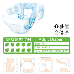 NuAgedCare Adult Diapers, XLarge, 10D, 2600ml, 14pcs/bag 3bags/case, Low as $1.28 per piece, 998212 & 998212B